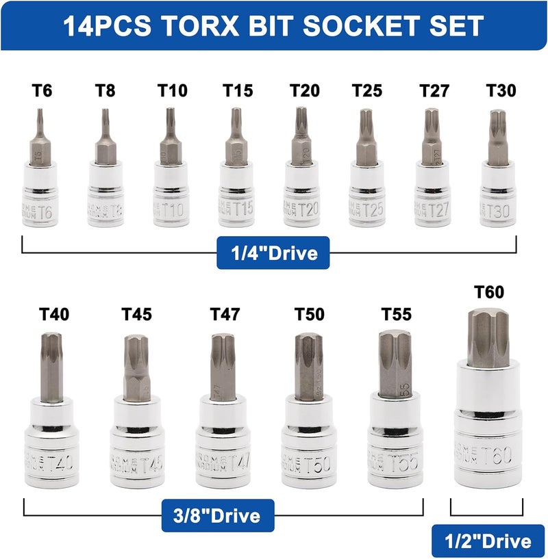 Mayouko 14PCS Torx Bit Socket Set, T6-T60, 1/4-Inch, 3/8-Inch and 1/2-Inch Drive, S2 and Cr-V Steel, Star Bits Socket Set - Image 2